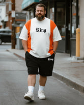 Big & Tall Men's Orange Stripe KING Alphabet Print Round Neck Short Sleeve T-Shirt Shorts Suit